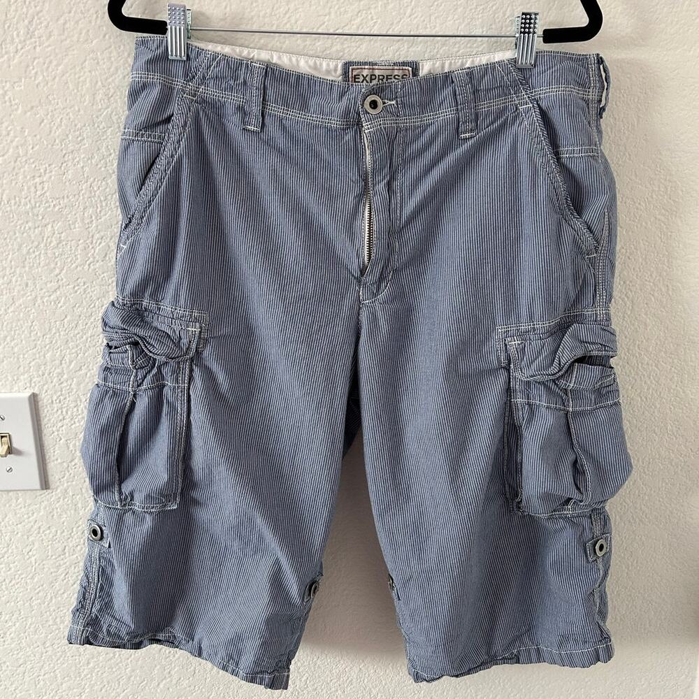 Express Striped Cargo Shorts Y2K Blue White 15" Inseam Knee Length Mens Size 34